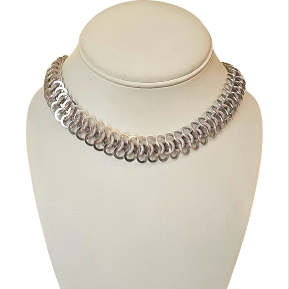 Vintage Signed Germany Silver Flat Weaved Chain Choker Necklace - Picture 1 of 5
